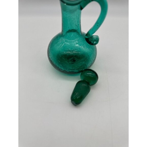 Vintage MCM Handblown Crackle Glass Turquoise Green Blue Cruet Bubble Stopper - Picture 11 of 11